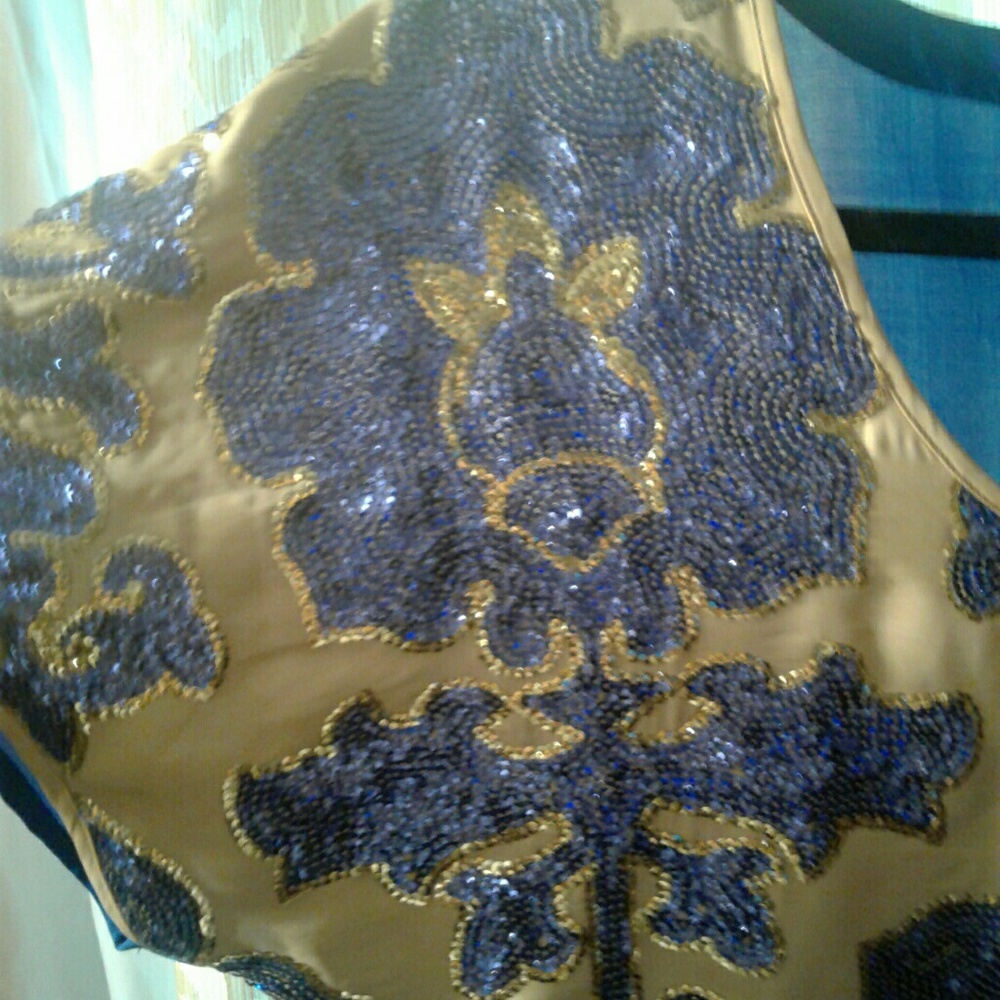 Tracy Reese beige and royal blue sequin top